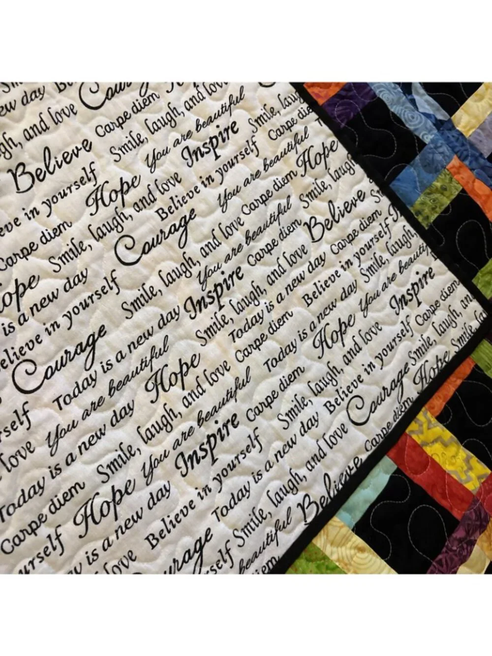 Modern Black & Multicolored Quilt Reversible Inspiring Messages  Size 67 X 67
